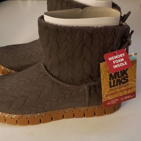 Muk Luks Mukluks Women's Dark Heather Gray Cable Knit Memory Foam 7 Booties NIB - Picture 6 of 16